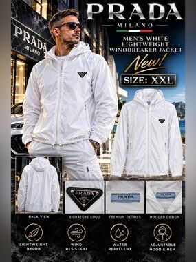 Prada Men's White Lightweight Windbreaker with Logo Patch🔥New! Size: XXL